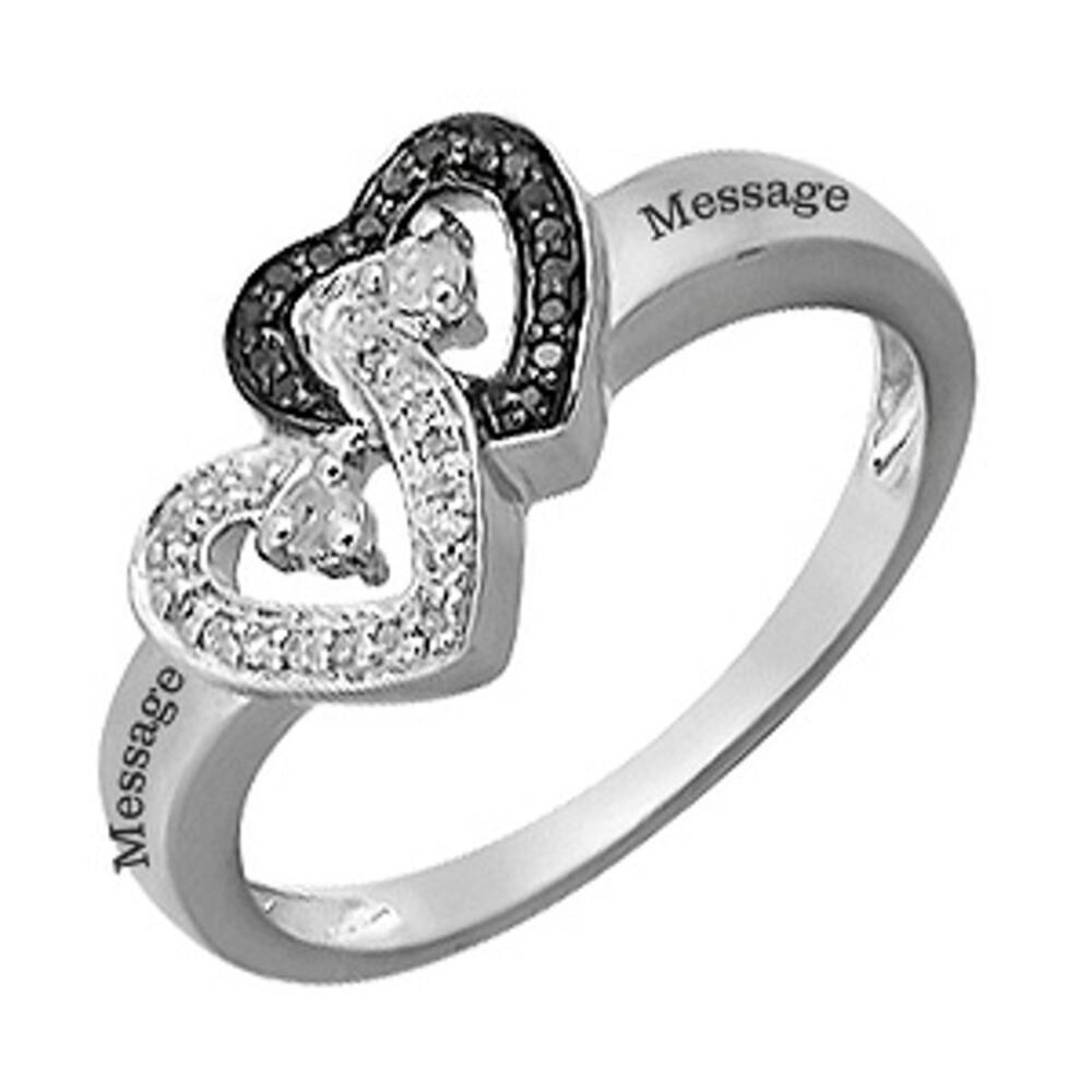 Sterling Silver Enhanced Black White Faux Diamond Multi-Heart Promise Ring